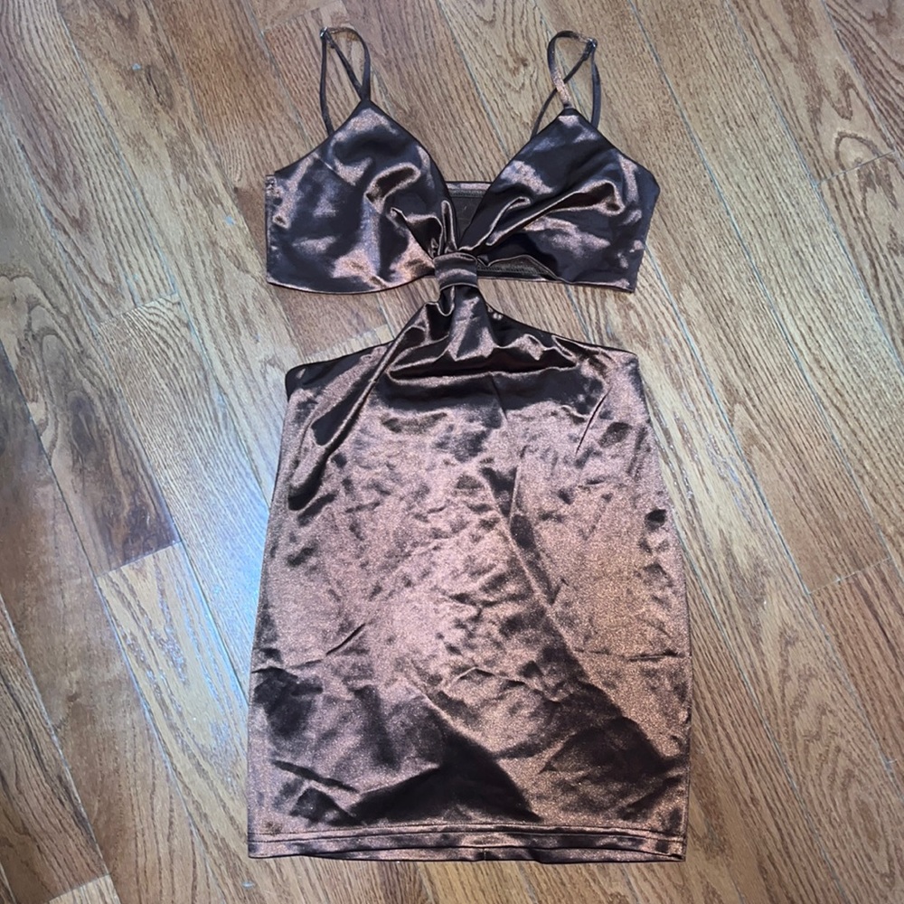Brown satin cutout dress